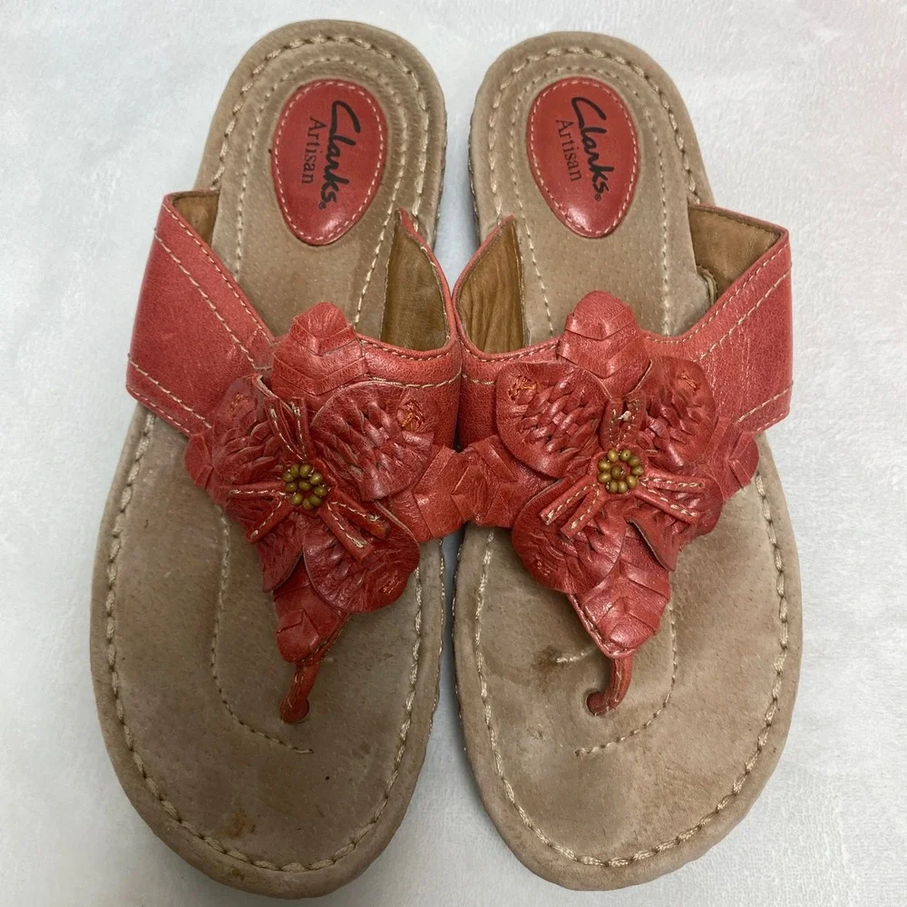 Clarks Artisan Womens Latin Palm Wedge Red Leather Floral Sandals Comfort Size 8